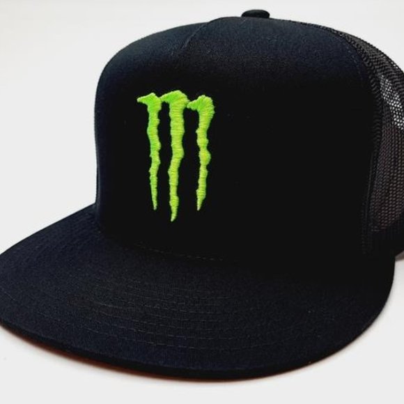 Monster Energy Flat Bill Trucker Mesh Snapback Hat Black Cap Racing MX Bikes - Picture 1 of 5